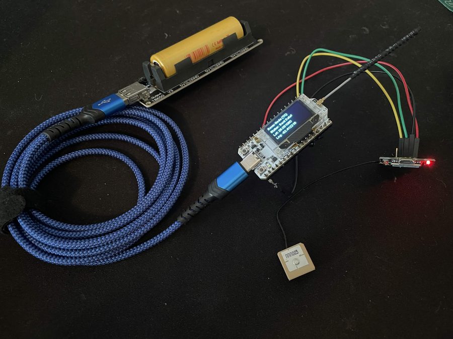 ESP32 rover node with GPS module and LoRa antenna